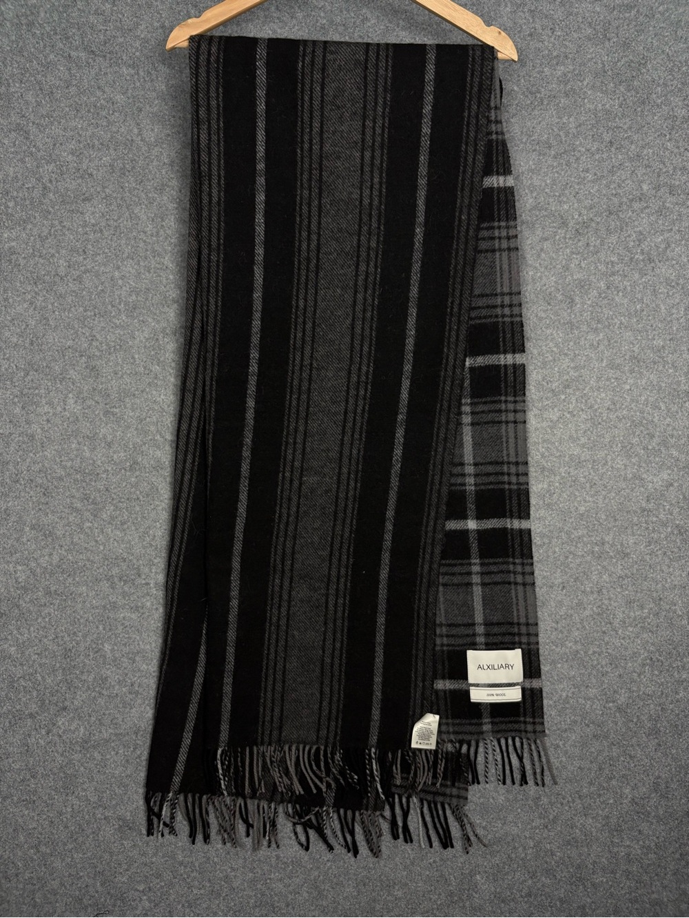 ALXILIARY 100% Wool Black Gray Plaid Fringe Oversized Scarf